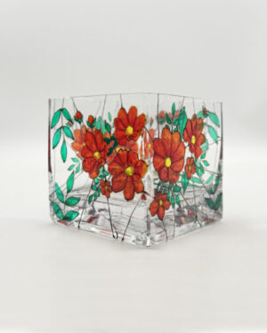 Square glass candle holder with orange flowers painted on sides