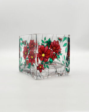Square glass candle holder with red flowers painted on sides